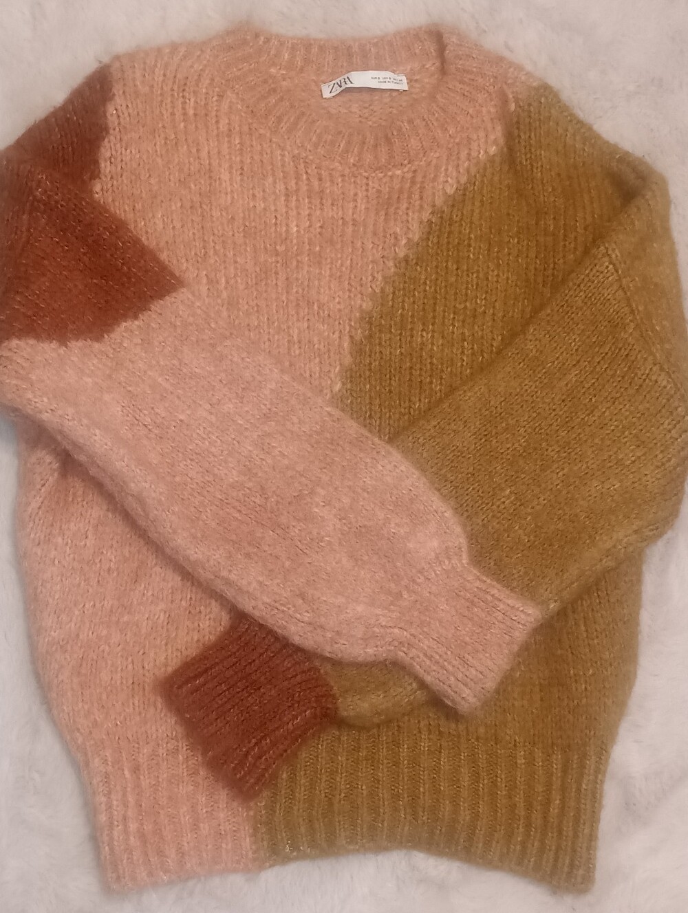 Zara Colorblock Knit Sweater Pink Camel Brown Fuzzy Cozy Pullover Small